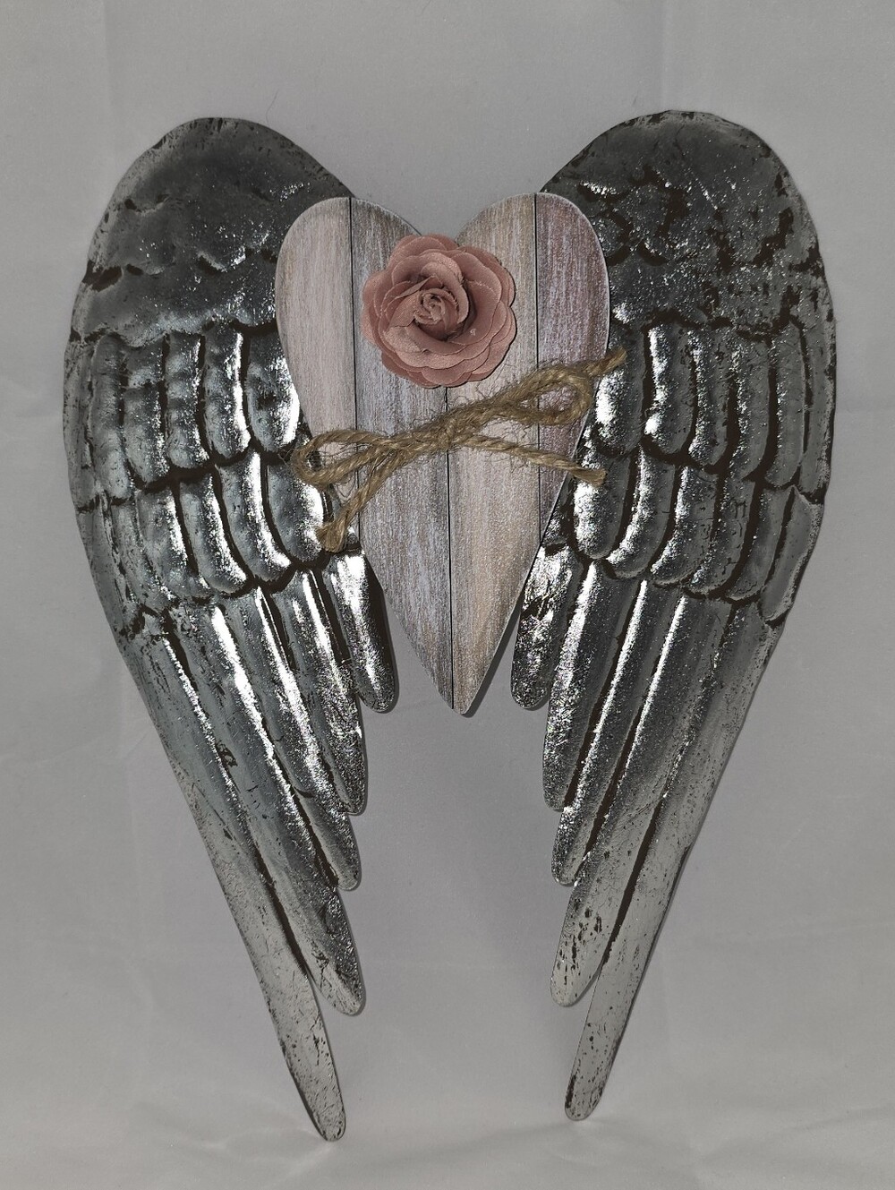 Rustic Silver Angel Wings Wall Art with Pink Heart Accent